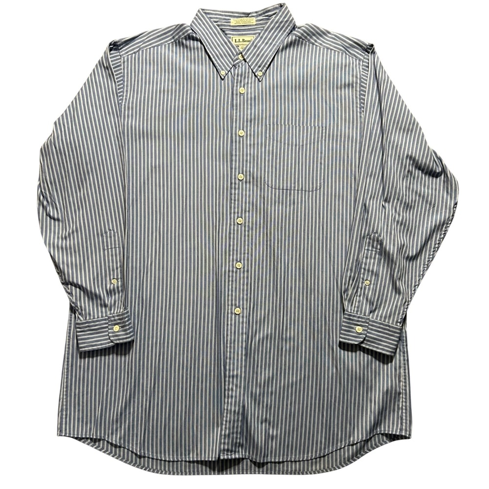 VTG L.L. Bean Button Down Shirt Mens 17.5 34 Blue Striped Long Sleeve